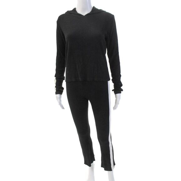 Cale Tops - Cale Womens Cotton Ribbed Knit Stripe Hood Casual Top Pants Set Black Size L